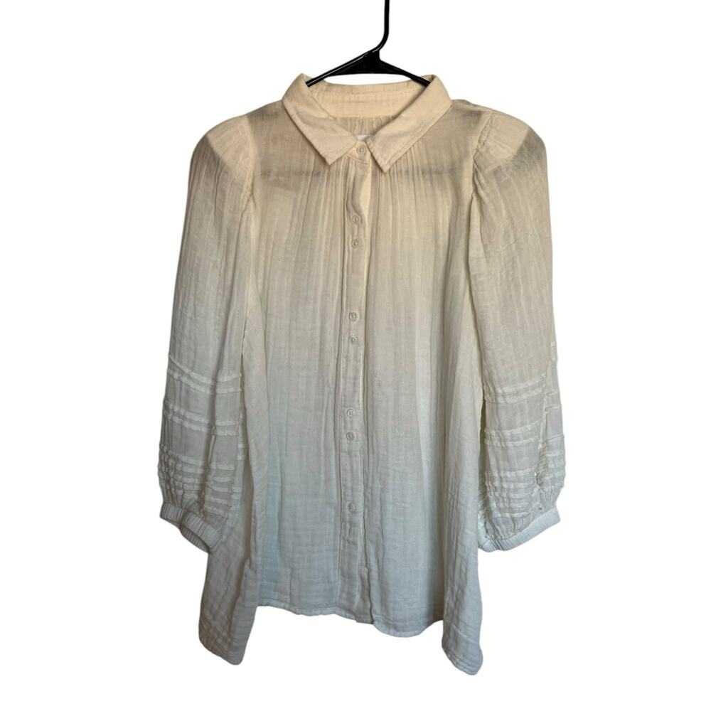 Sundays White Gauze Slub Cotton Button Up Blouse Bishop Sleeves Peasant Size L